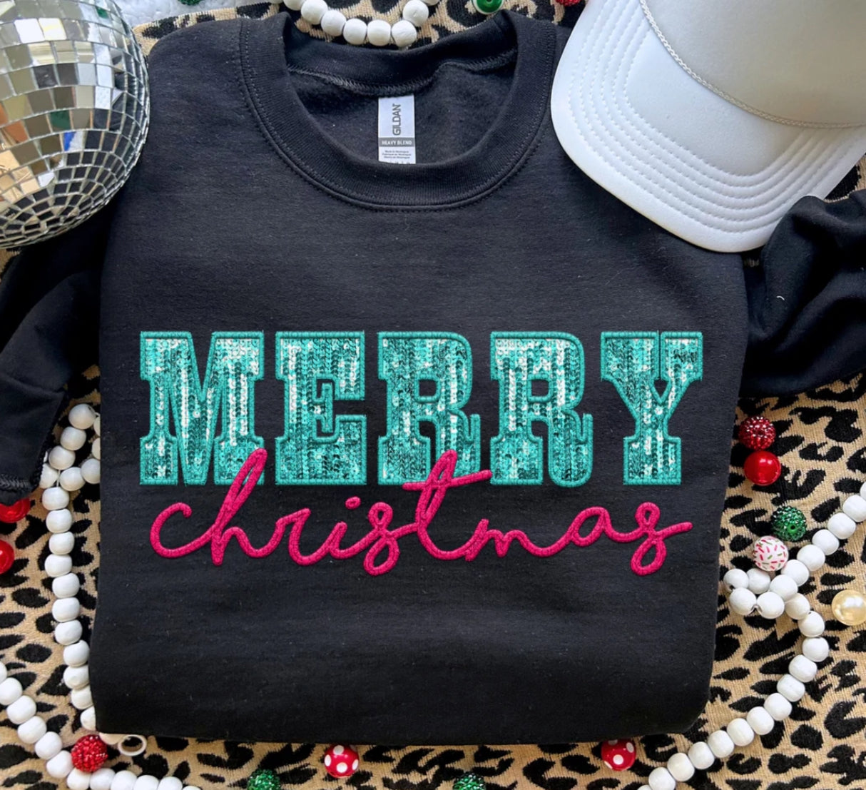 Merry Christmas Aqua & Pink Sequins - Debbie's Creative Couture